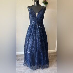 JULES AND CLEO illusion plunge allover sequin ball gown